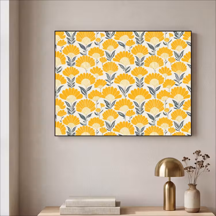 Bloemen - Retro - Botanisch - Okergeel - Grijs Textielframe zwart klein 947 -sfeer2