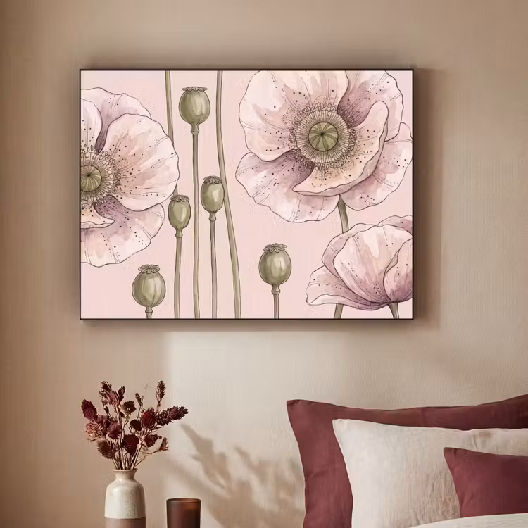 Bloemen - Zomer - Natuur - Aquarel - Roze Textielframe zwart klein -sfeer1