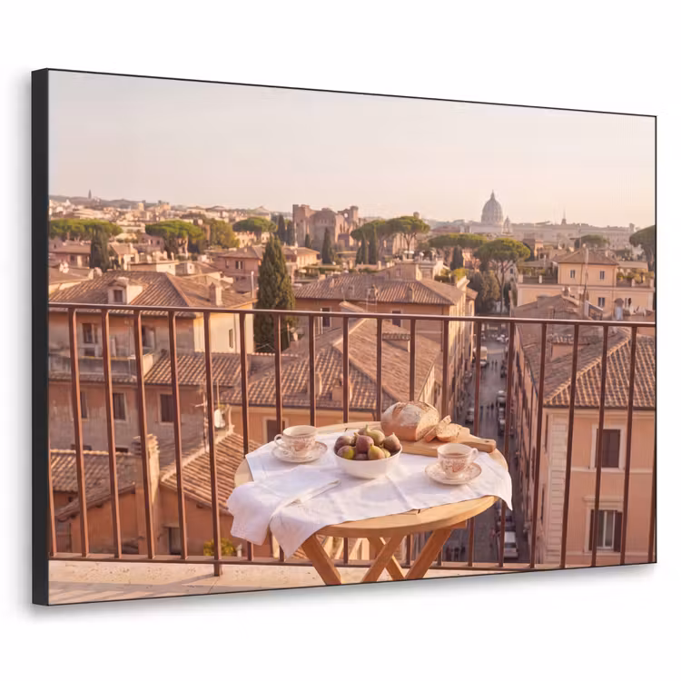 Eten - Ontbijt - Balkon - Stad - Zonsopgang Textielframe zwart klein -3d