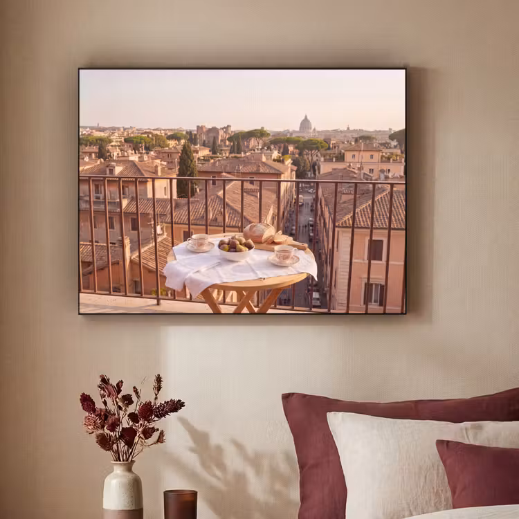 Eten - Ontbijt - Balkon - Stad - Zonsopgang Textielframe zwart klein -sfeer1