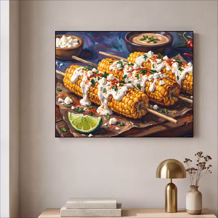 Eten - Maïs - Saus - Geschilderd - Geel Textielframe zwart klein -sfeer2