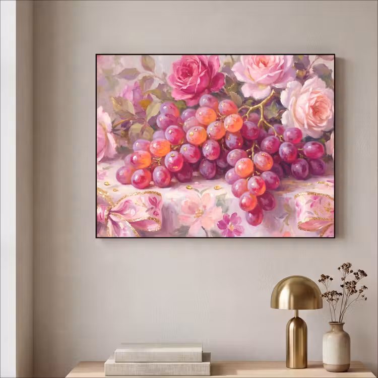 Eten - Bloemen - Stilleven - Roze - Goud Textielframe zwart klein -sfeer2