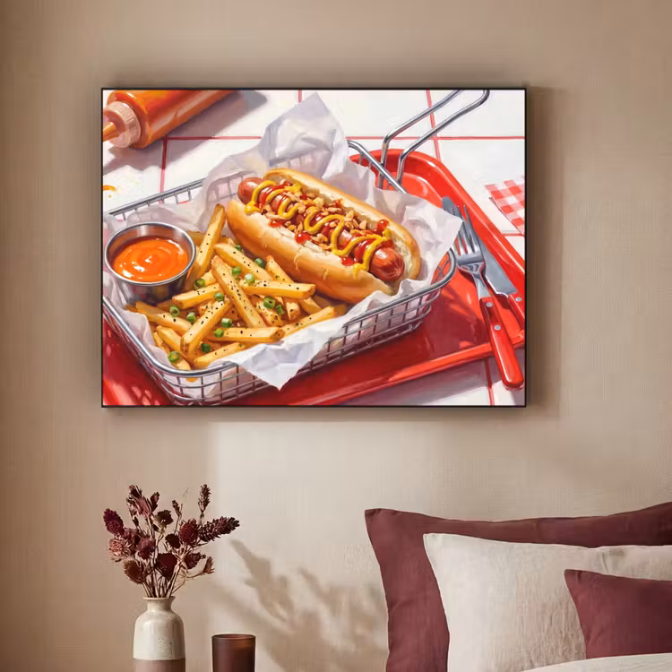 Eten - Hotdog - Fastfood - Modern - Rood Textielframe zwart klein -sfeer1