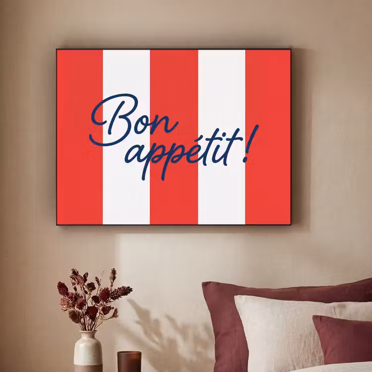Eten - Spreuk - Keuken - Grafisch - Rood-Wit Textielframe zwart klein -sfeer1