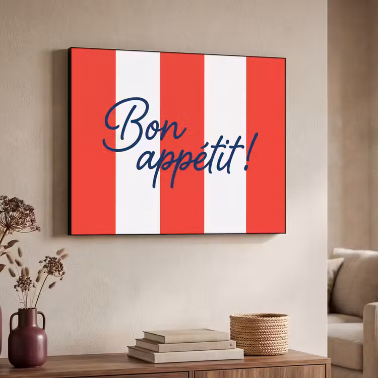 Eten - Spreuk - Keuken - Grafisch - Rood-Wit Textielframe zwart klein -sfeer3