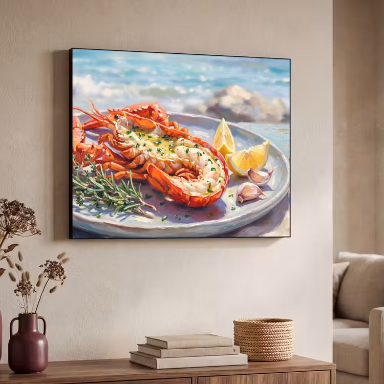 Eten - Zee - Kust - Modern - Blauw Textielframe zwart klein -sfeer3