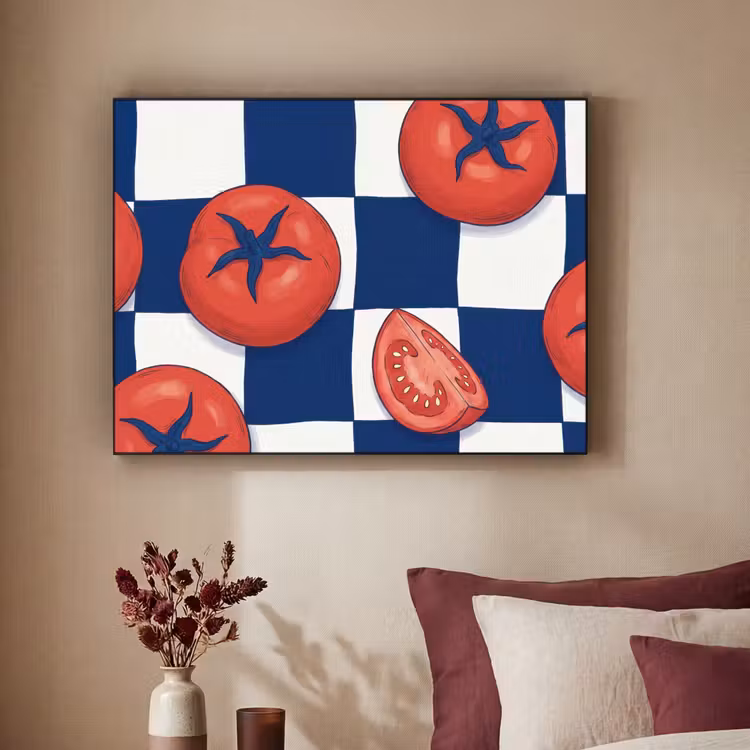Eten - Tomaten - Keuken - Illustratie - Rood-Blauw Textielframe zwart klein -sfeer1