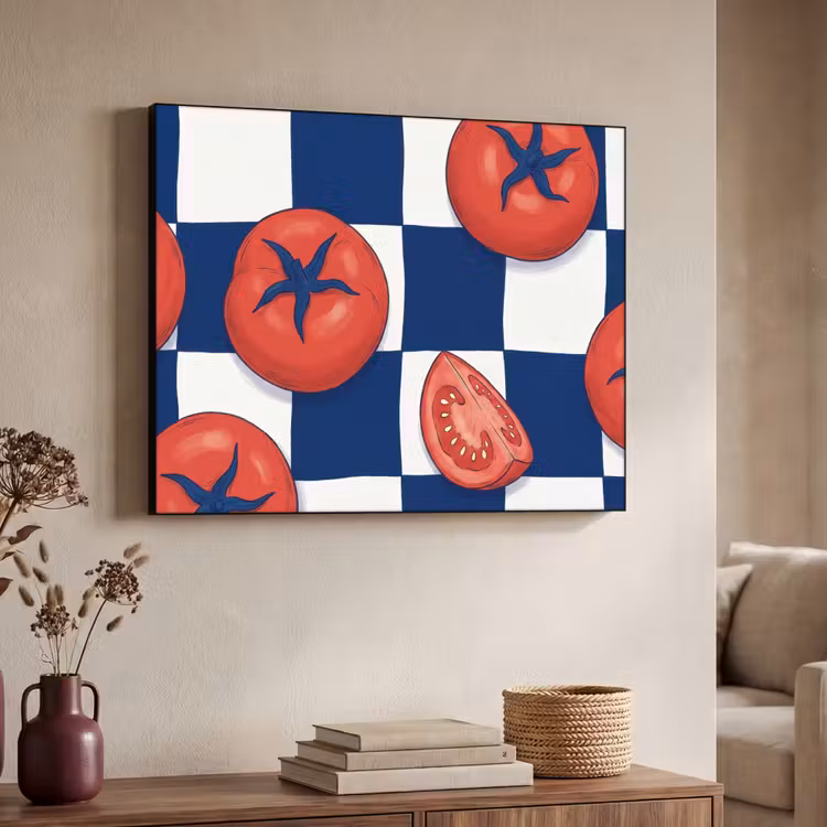Eten - Tomaten - Keuken - Illustratie - Rood-Blauw Textielframe zwart klein -sfeer3