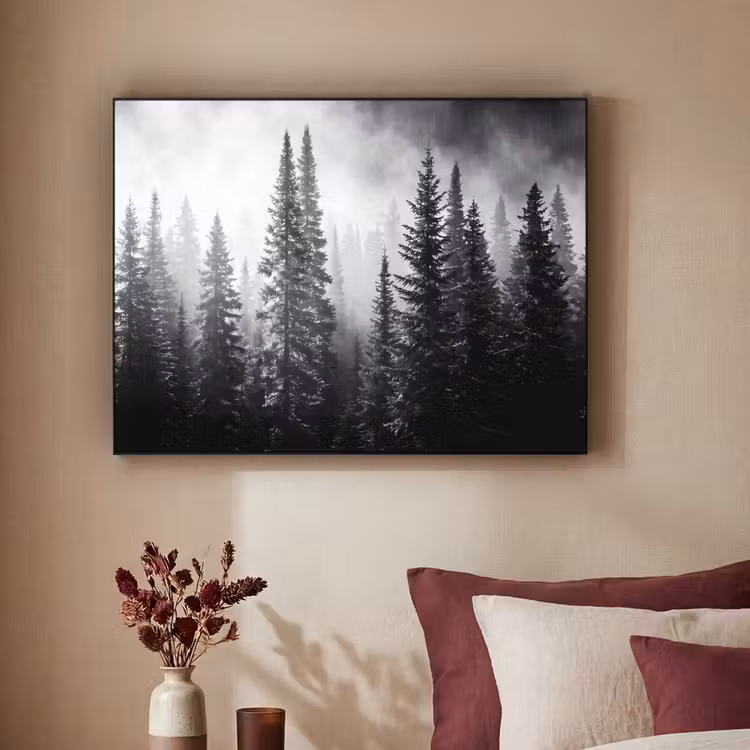 Bos - Mist - Winter - Monochroom - Natuur Textielframe zwart klein -sfeer1