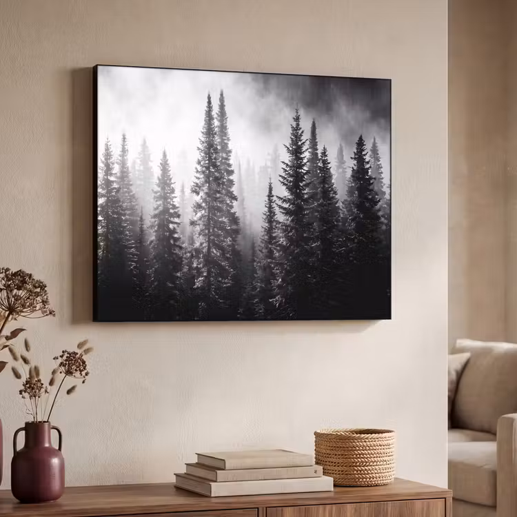 Bos - Mist - Winter - Monochroom - Natuur Textielframe zwart klein -sfeer3