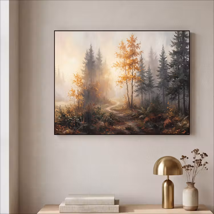 Bospad - Herfstbladeren - Natuur - Schilderachtig - Oranje Textielframe zwart klein -sfeer2