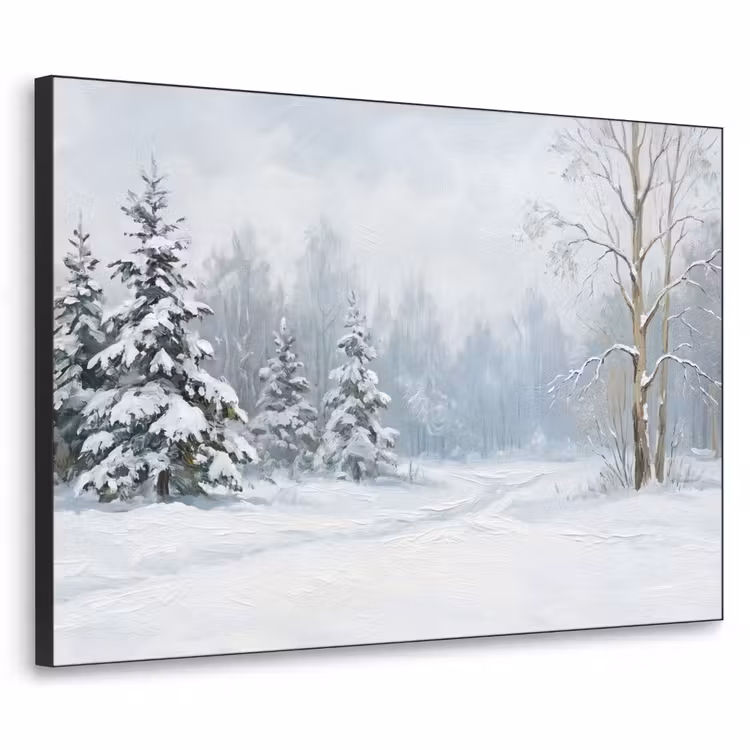 Bospad - Dennen - Sneeuw - Winter - Rustgevend Textielframe zwart klein -3d