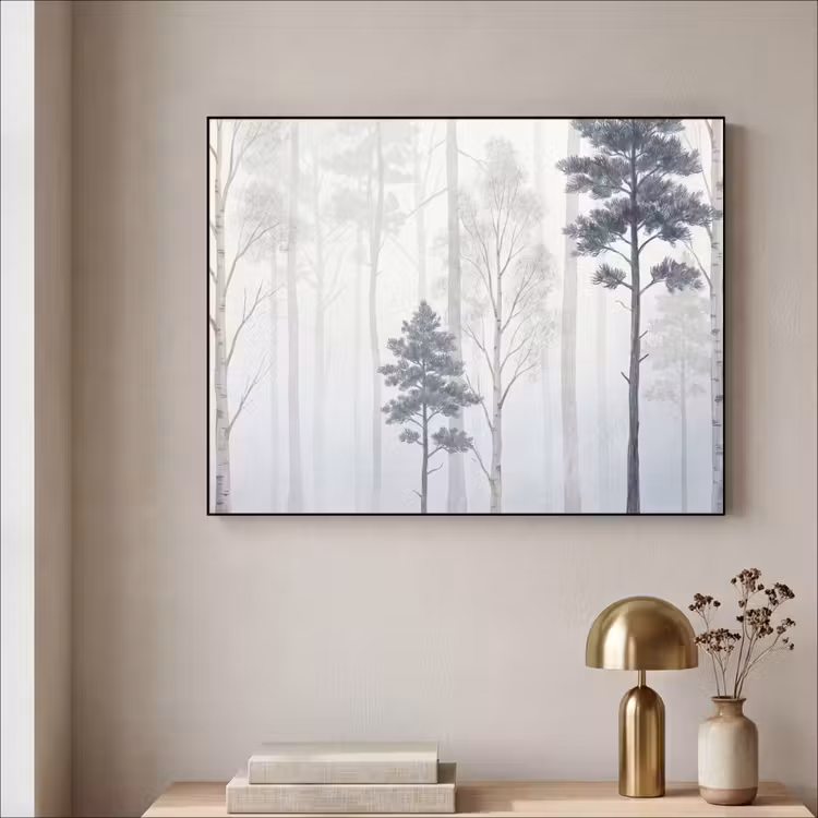 Bos - Bomen - Mist - Natuur - Illustratie - Grijs Textielframe zwart klein -sfeer2