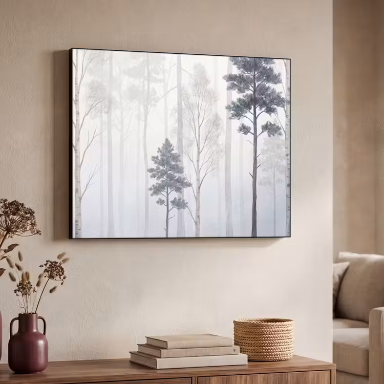 Bos - Bomen - Mist - Natuur - Illustratie - Grijs Textielframe zwart klein -sfeer3