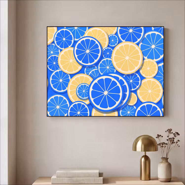 Fruit - Schijven - Patroon - Modern - Blauw - Geel Textielframe zwart klein -sfeer2