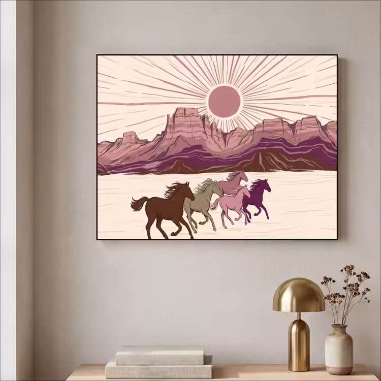 Paarden - Rennend - Woestijn - Natuur - Abstract Textielframe zwart klein -sfeer2