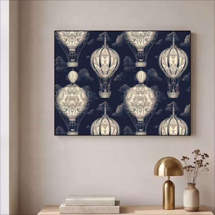 Luchtballonnen - Wolken - Patroon - Donkerblauw Textielframe zwart klein 947 -sfeer2