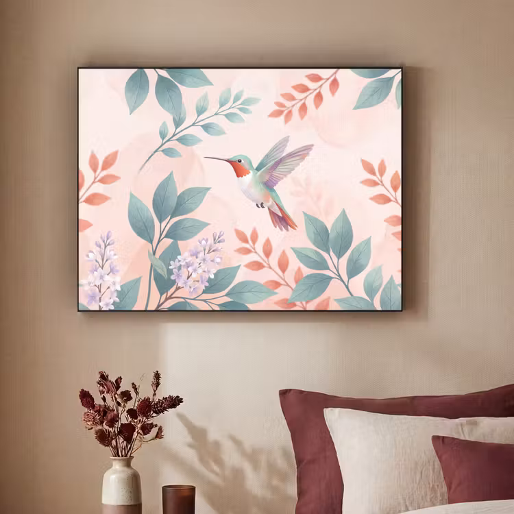 Kolibrie - Vliegen - Natuur - Illustratie - Kleurrijk Textielframe zwart klein -sfeer1