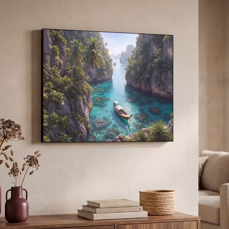 Eiland - Tropisch - Water - Palmbomen - Natuur Textielframe zwart klein -sfeer3