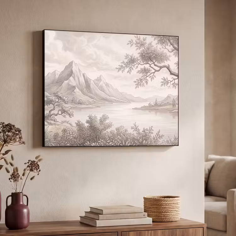 Landschap - Bergen - Meer - Natuur Textielframe zwart klein -sfeer3