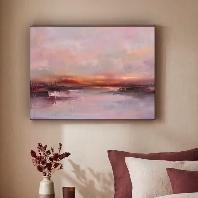 Landschap - Zonsondergang - Abstract - Modern - Roze Textielframe zwart klein -sfeer1