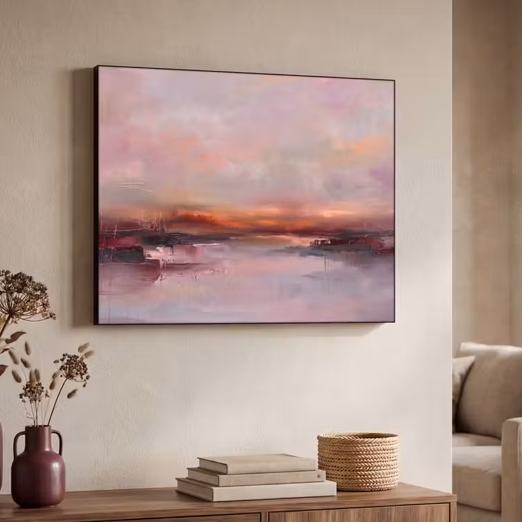 Landschap - Zonsondergang - Abstract - Modern - Roze Textielframe zwart klein -sfeer3