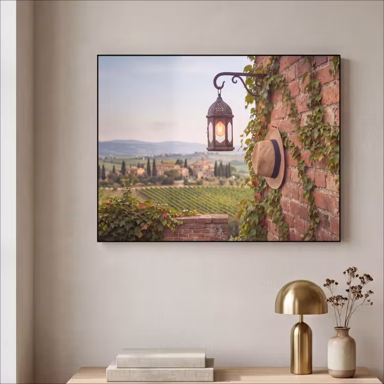 Lantaarn - Wijngaard - Landschap - Italiaans Textielframe zwart klein -sfeer2