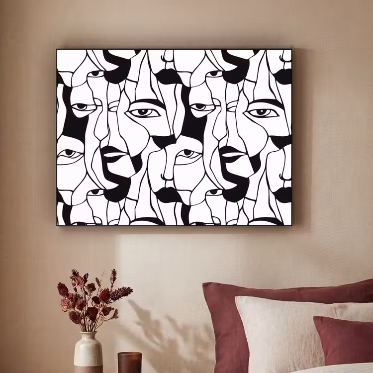 Lijnen - Gezichten - Zwart - Wit Textielframe zwart klein 947 -sfeer1