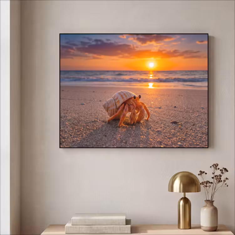 Kreeft - Strand - Natuur - Zonsondergang - Oranje Textielframe zwart klein -sfeer2