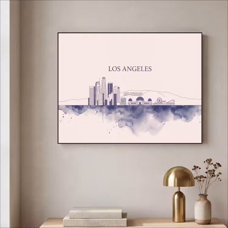 Los Angeles - Skyline - Architectuur - Aquarel - Blauw Textielframe zwart klein -sfeer2