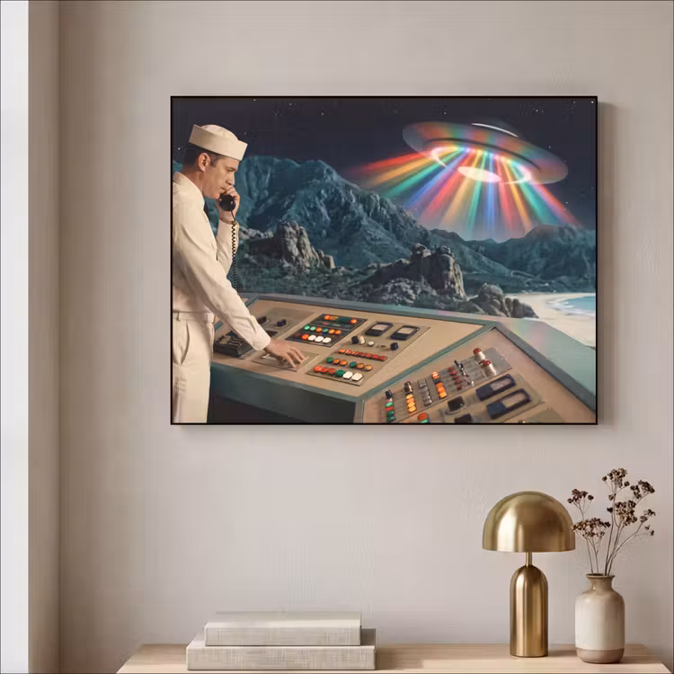Art Frame - Man - Control Room - Beach - Man - Controlekamer - Strand Textielframe zwart klein