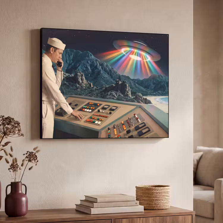 Art Frame - Man - Control Room - Beach - Man - Controlekamer - Strand Textielframe zwart klein