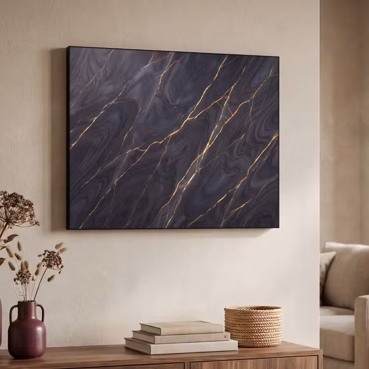 Marmer - Goudaders - Abstract - Modern - Zwart Textielframe zwart klein -sfeer3