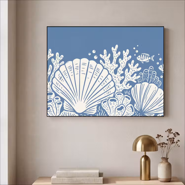 Zeeleven - Koraal - Schelp - Vis - Illustratie - Onderwater Textielframe zwart klein -sfeer2