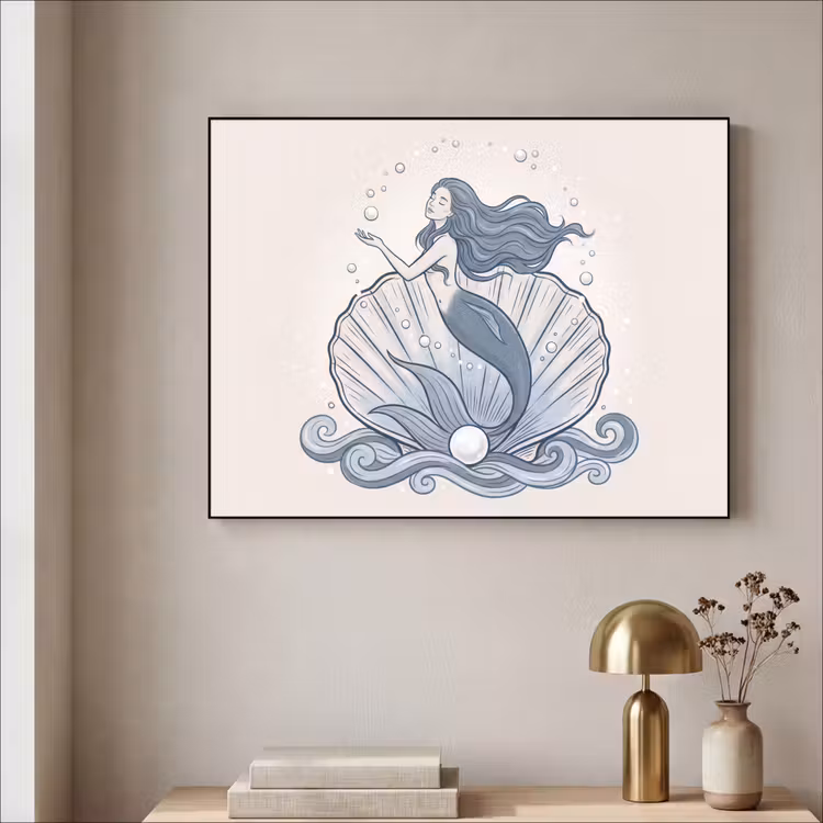 Zeemeermin - Schelp - Zee - Fantasie - Blauw Textielframe zwart klein -sfeer2