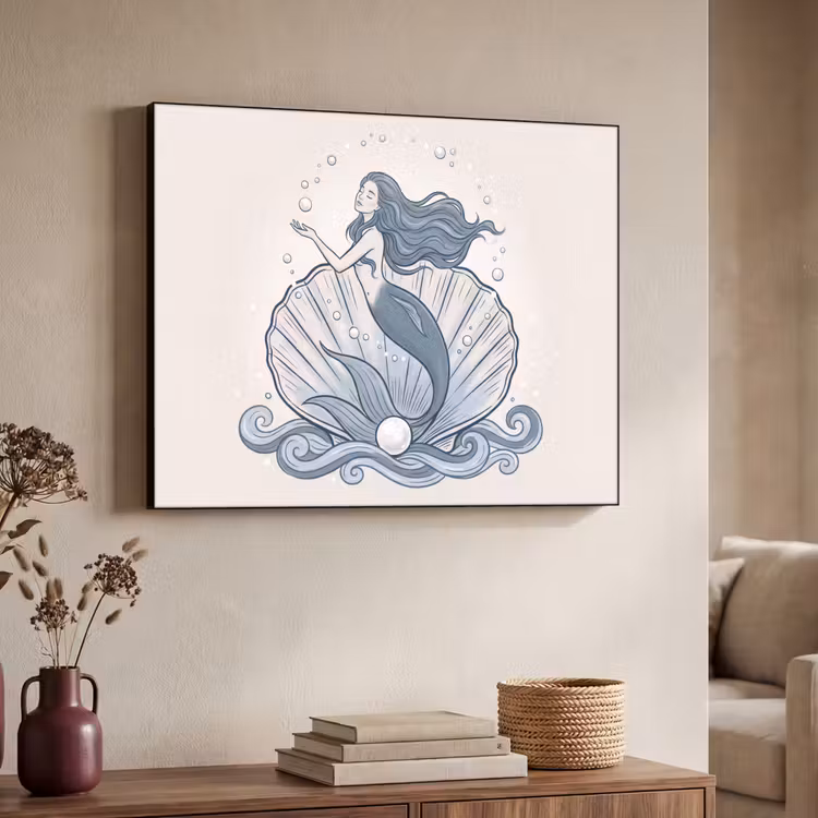 Zeemeermin - Schelp - Zee - Fantasie - Blauw Textielframe zwart klein -sfeer3