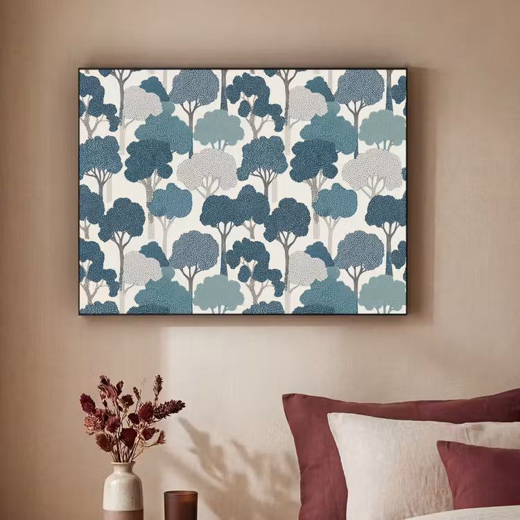 Modern - Bomen - Bos - Patroon - Blauw Textielframe zwart klein 947 -sfeer1