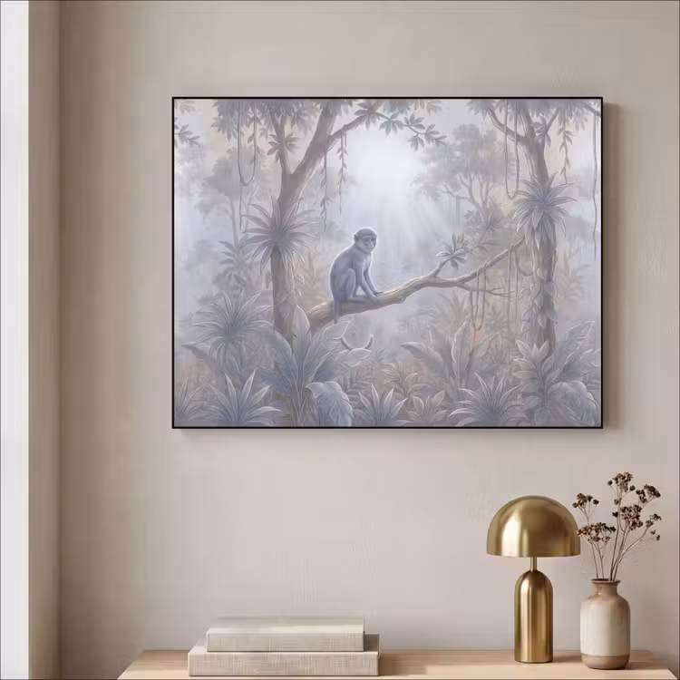 Aap - Boom - Jungle - Natuur - Grijs Textielframe zwart klein -sfeer2