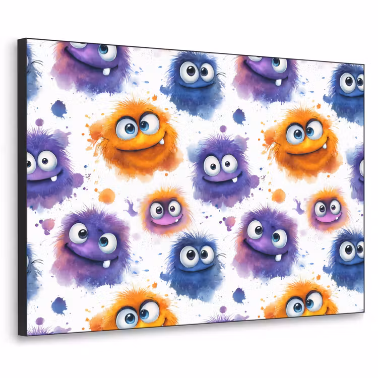 Monstertjes - Aquarel - Kleurrijk Textielframe zwart klein 947 -3d