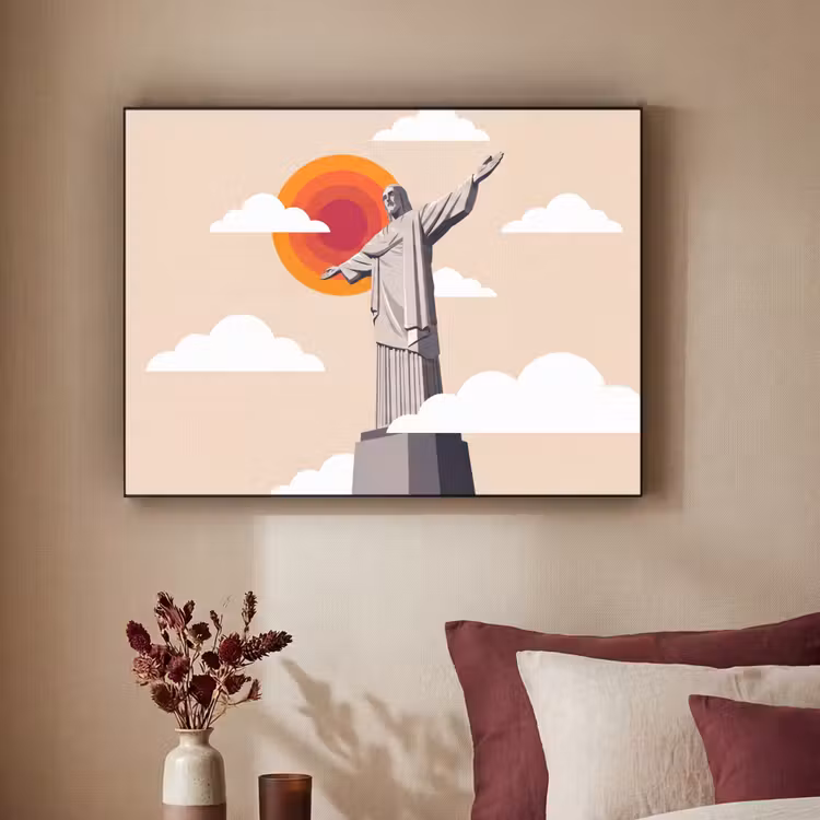 Monument - Stad - Zonsondergang - Minimalistisch - Oranje Textielframe zwart klein -sfeer1