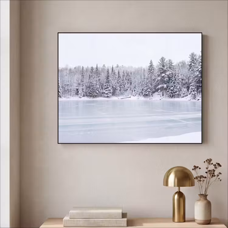 Meer - Dennen - IJs - Winter - Rustgevend Textielframe zwart klein -sfeer2