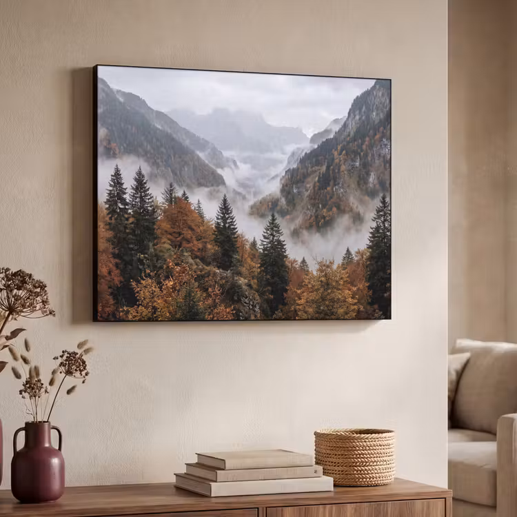 Bergen - Vallei - Mist - Herfst - Natuur Textielframe zwart klein -sfeer3