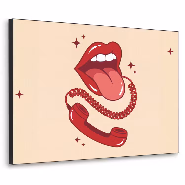 Mond - Telefoon - Popart - Rood - Illustratie Textielframe zwart klein -3d
