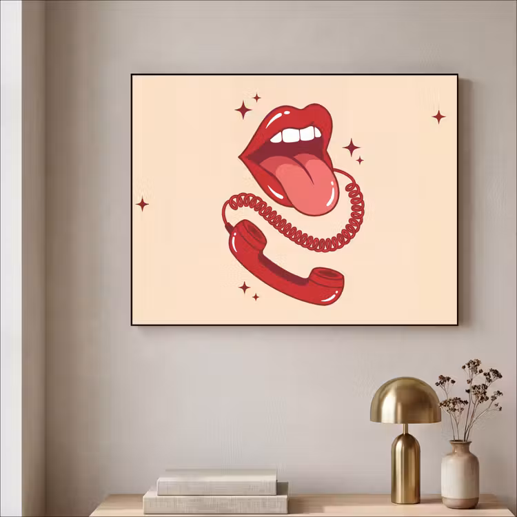 Mond - Telefoon - Popart - Rood - Illustratie Textielframe zwart klein -sfeer2