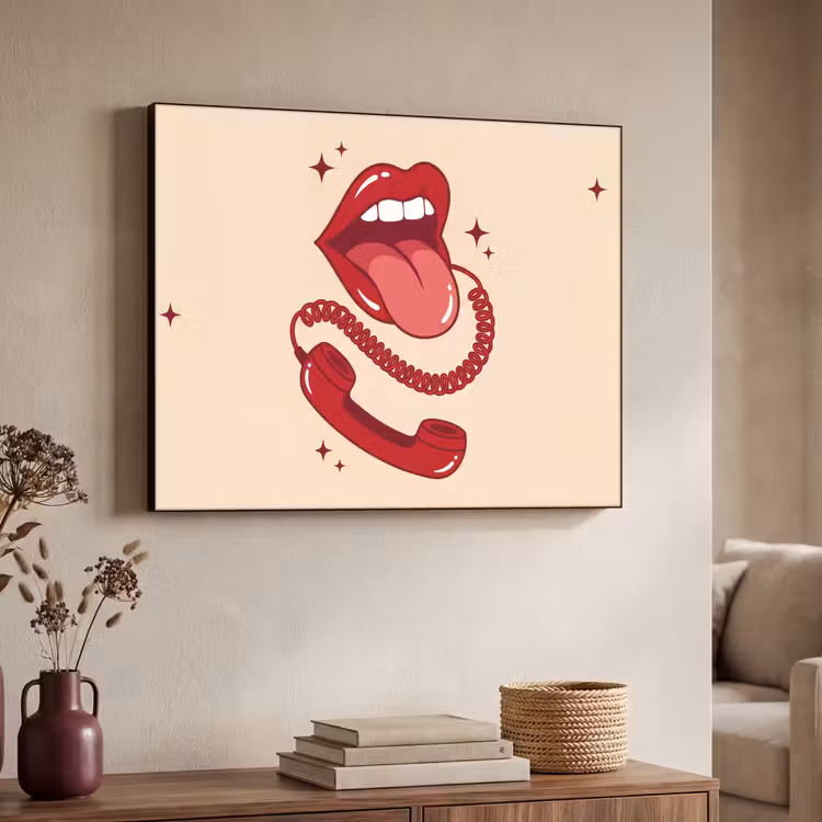 Mond - Telefoon - Popart - Rood - Illustratie Textielframe zwart klein -sfeer3