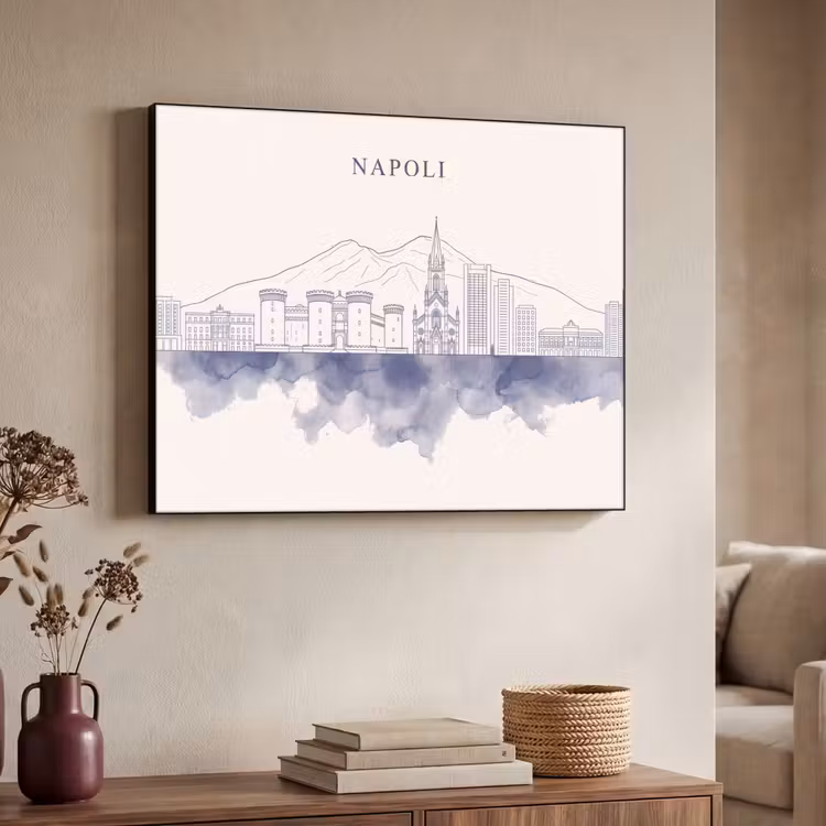 Napels - Skyline - Italie - Lijntekening - Aquarel Textielframe zwart klein -sfeer3
