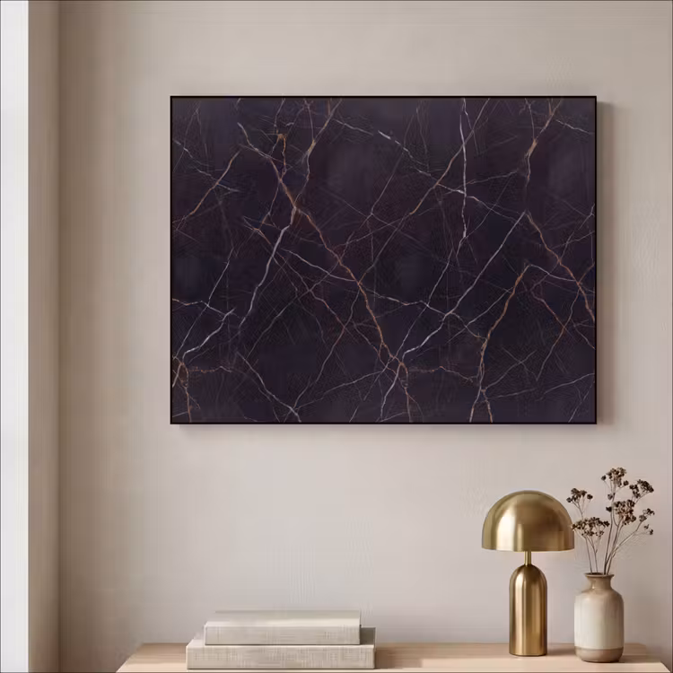 Natuursteen - Marmerpatroon - Abstract - Modern - Zwart - Goud Textielframe zwart klein -sfeer2