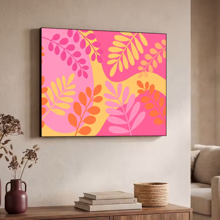 Natuur - Bladeren - Abstract - Roze - Geel Textielframe zwart klein -sfeer3