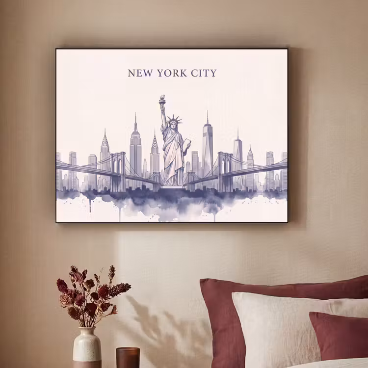 New York - Vrijheidsbeeld - Skyline - Illustratie - Blauw Textielframe zwart klein -sfeer1