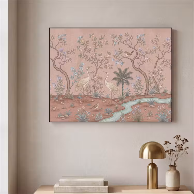 Nostalgisch - Reigers - Roze Textielframe zwart klein -sfeer2